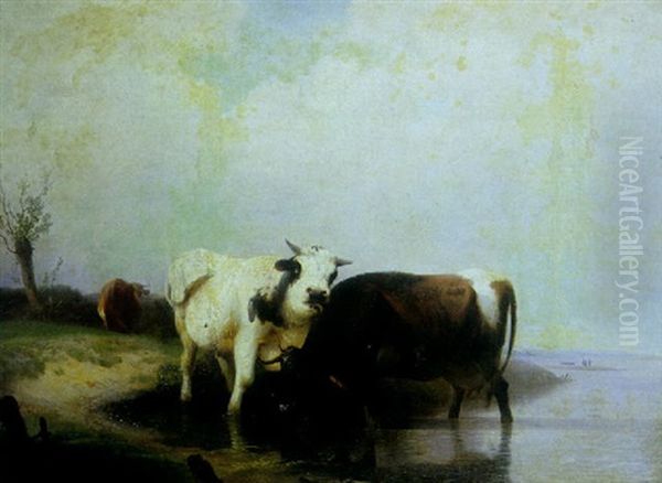 A River Landscape With Two Cows Watering And Another Beyond by Rosa Bonheur