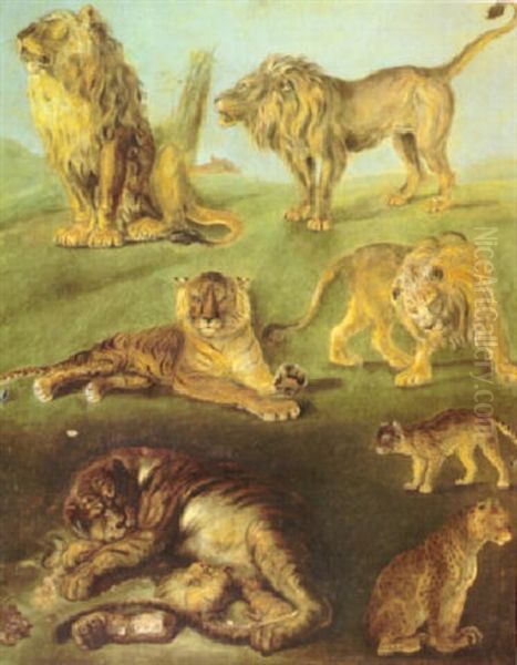 A Group Of Lions, Tigers, An Ocelot And A Leopard Oil Painting by Rosa Bonheur