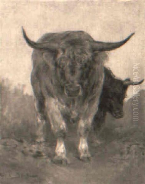 Two Bulls In A Landscape Oil Painting by Rosa Bonheur