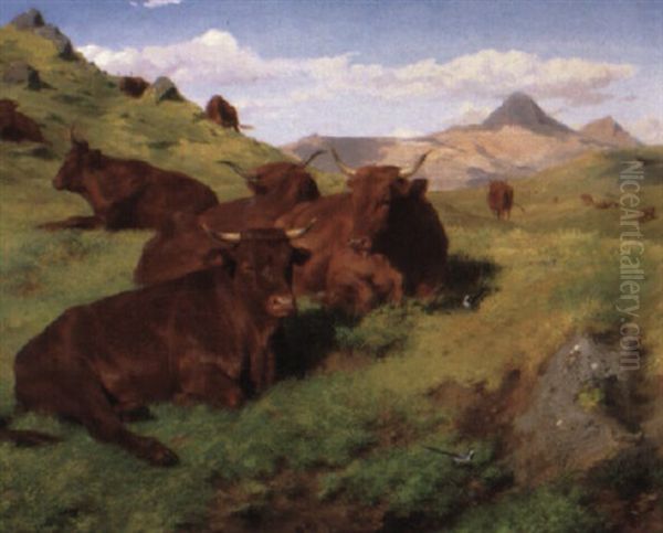 Red Cattle Resting On A Grassy Hill Oil Painting by Rosa Bonheur