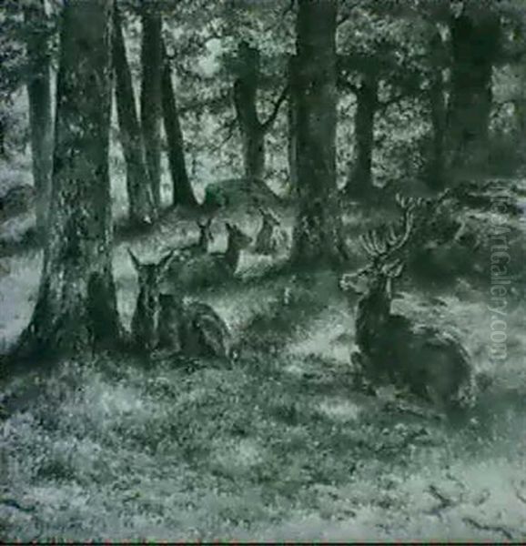 Cerfs Et Biches En Foret De Fontainebleau by Rosa Bonheur