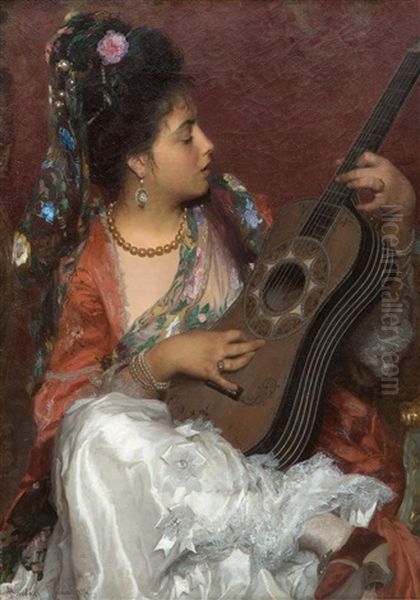 An Elegant Lady Playing Flamenco Guitar Oil Painting by Adriano Bonifazi