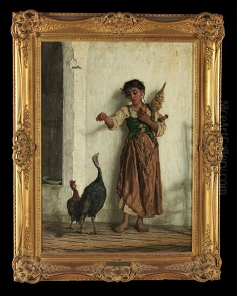 Feeding The Turkeys Oil Painting by Adriano Bonifazi