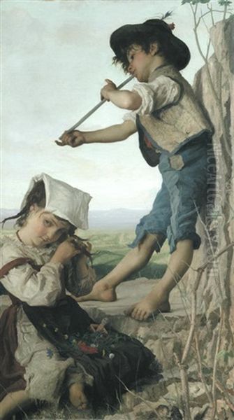 The Lute Player And A Seated Girl Oil Painting by Adriano Bonifazi