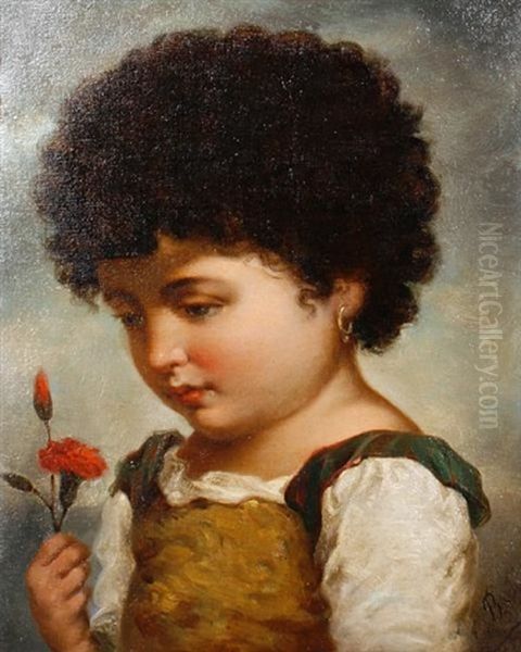 Portrait Of A Young Girl Holding A Red Carnation Oil Painting by Adriano Bonifazi