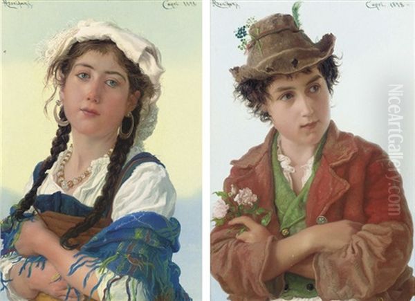 A Love Token (+ A Young Ciociara; Pair) Oil Painting by Adriano Bonifazi