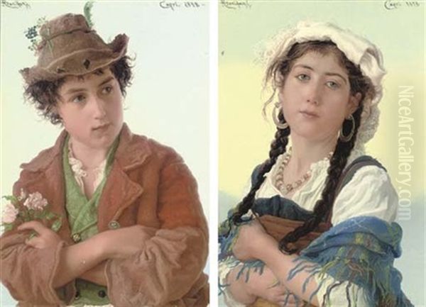 A Love Token (+ A Young Ciociara; Pair) Oil Painting by Adriano Bonifazi