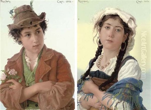 A Love Token (+ A Young Ciociara; Pair) Oil Painting by Adriano Bonifazi