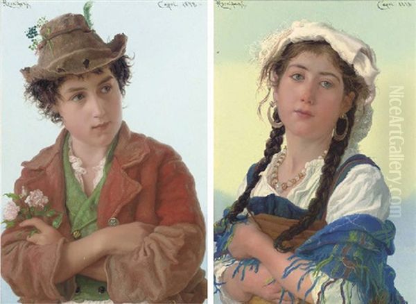 A Love Token (+ A Young Ciociara; Pair) Oil Painting by Adriano Bonifazi