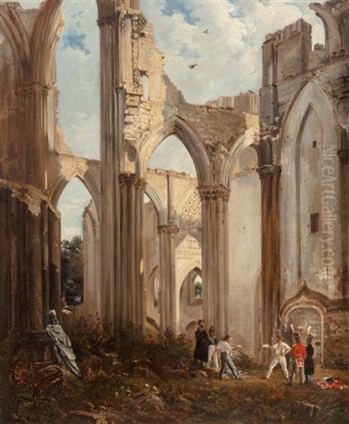 A View Of The Ruins Of Abbey Of St. Bertin, St. Omer, France, With A Duel Taking Place In The Foreground Oil Painting by Richard Parkes Bonington