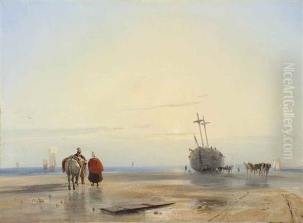 A Coastal Landscape With Fisherfolk, A Beached Boat Beyond Oil Painting by Richard Parkes Bonington