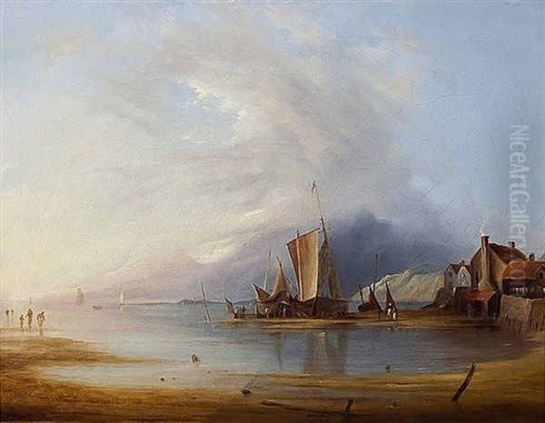 Dutch Fishing Vessel Moored At Low Tide In An Estuary Oil Painting by Richard Parkes Bonington