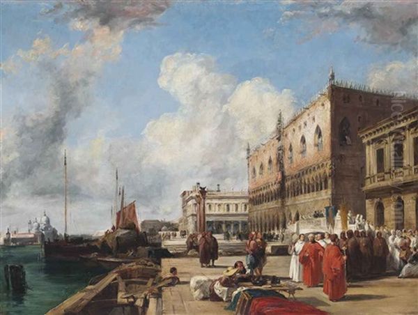 A View Of The Ducal Palace, Venice (from The Riva Degli Schiavoni, With A Religious Procession) Oil Painting by Richard Parkes Bonington