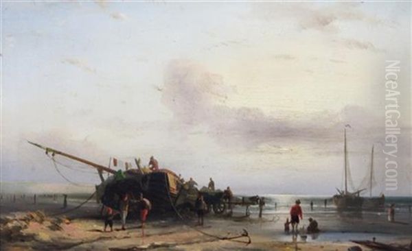 Fisherfolk And Boats At Low Tide Oil Painting by Richard Parkes Bonington