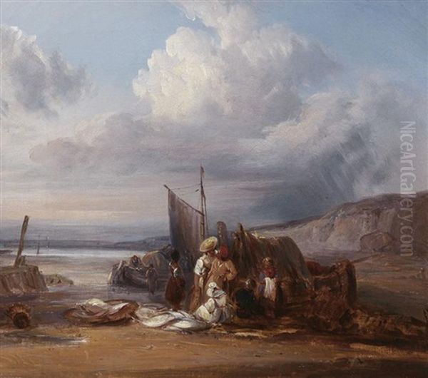 Fischer An Der Bretonischen Kuste Beim Verladen Des Fanges Oil Painting by Richard Parkes Bonington