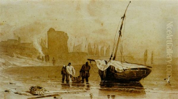 Fishermen With Their Nets On Beach, Le Havre Oil Painting by Richard Parkes Bonington