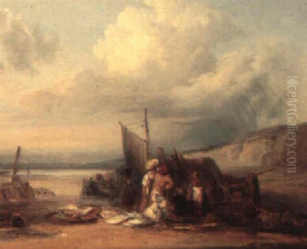 Fisherfolk On The Beach Oil Painting by Richard Parkes Bonington