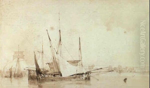 Sail Barges At Anchor In An Estuary Oil Painting by Richard Parkes Bonington