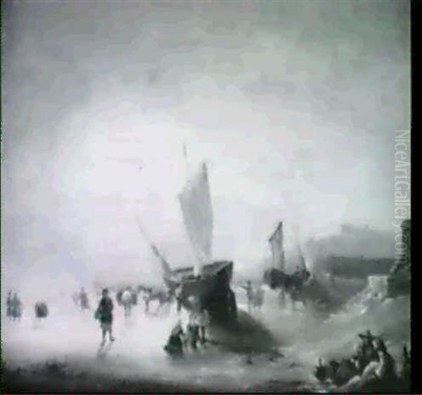 A French Coastal Town With Boats Unloading On The Beach by Richard Parkes Bonington