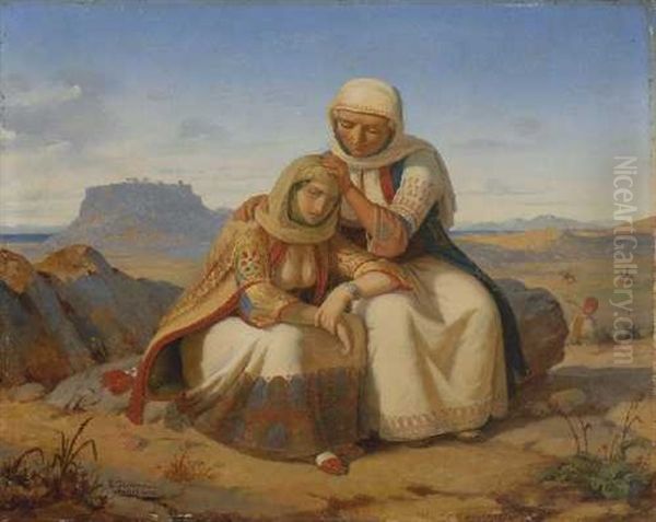 Mutter Und Tochter Vor Griechischer Landschaft Oil Painting by Pierre Bonirote