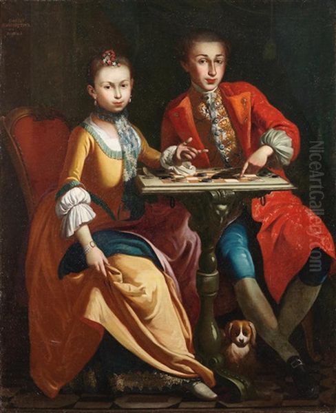 Portrait Of A Two Noble Children, Full-length, Seated At A Table Playing Draughts Oil Painting by Giuseppe Bonito