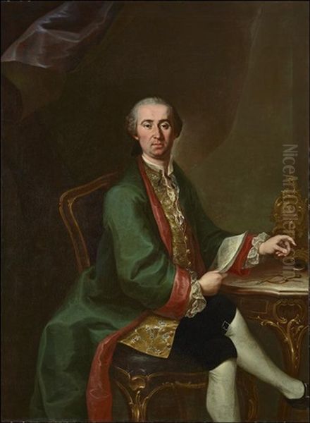 Portrait Of A Gentleman, Traditionally Identified As Francesco Barletta, Seated At A Desk Oil Painting by Giuseppe Bonito