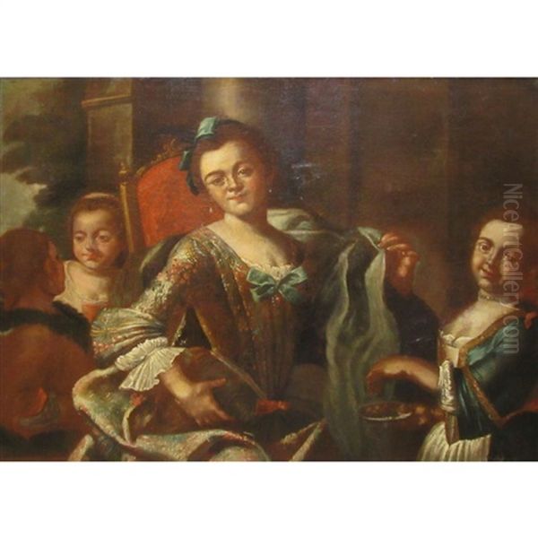 A Lady With Her Daughters Oil Painting by Giuseppe Bonito