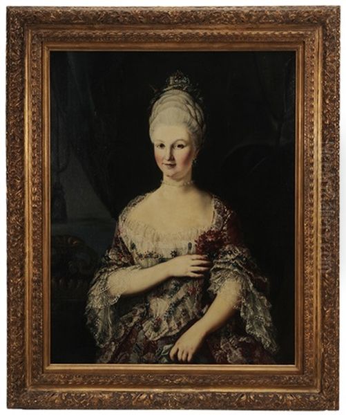 Portrait Of A Noblewoman, Wearing A Brocaded Lace And Silk Gown With Matching Headress And Holding A Dianthus Oil Painting by Giuseppe Bonito