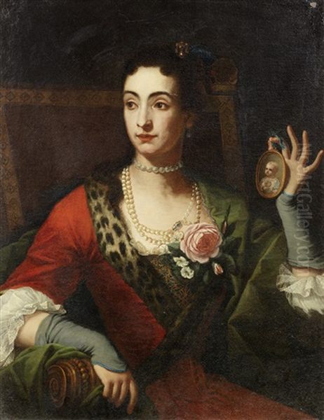 Portrait Of A Lady, Half-length, In A Red Fur-trimmed Dress And A Pearl Necklace, Seated, Holding A Miniature Of An Infant Oil Painting by Giuseppe Bonito