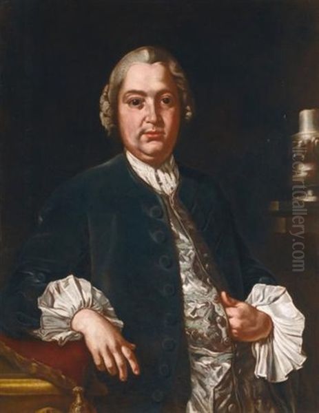 Portrait Of The Composer Niccolo Jommelli (1714 - 1774), Three Quarter Length, In A Blue Coat And Satin Waistcoat Oil Painting by Giuseppe Bonito