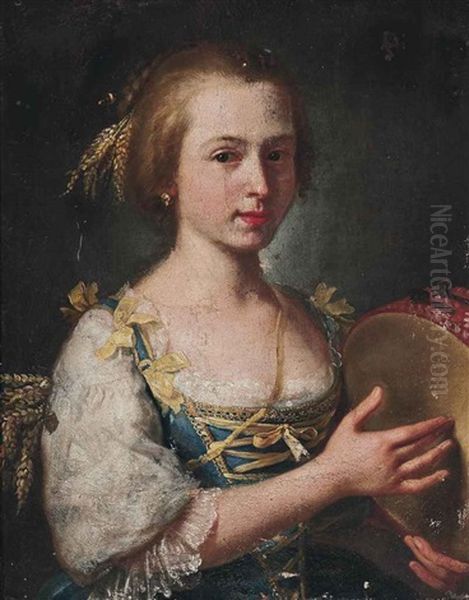 A Girl Playing A Tambourine Oil Painting by Giuseppe Bonito