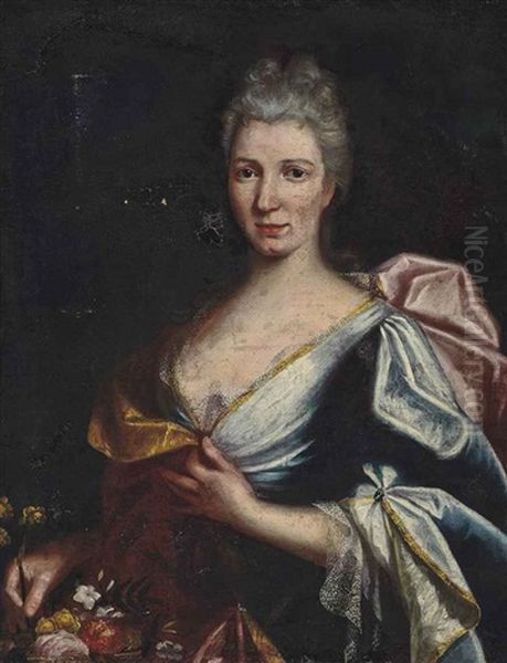 Portrait Of A Lady, Half-length, In An Oyster Satin Dress And A Pink Wrap Oil Painting by Giuseppe Bonito