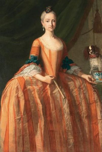 Portrait Of The Infanta Maria Josefa De Borbon, Holding A Cup Of Chocolate, A Dog On The Table Beside Her Oil Painting by Giuseppe Bonito