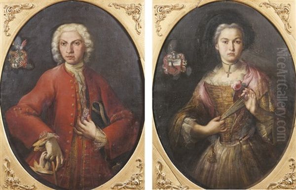 Portrait De Femme A L'eventail (+ Portrait D'homme; Pair) Oil Painting by Giuseppe Bonito