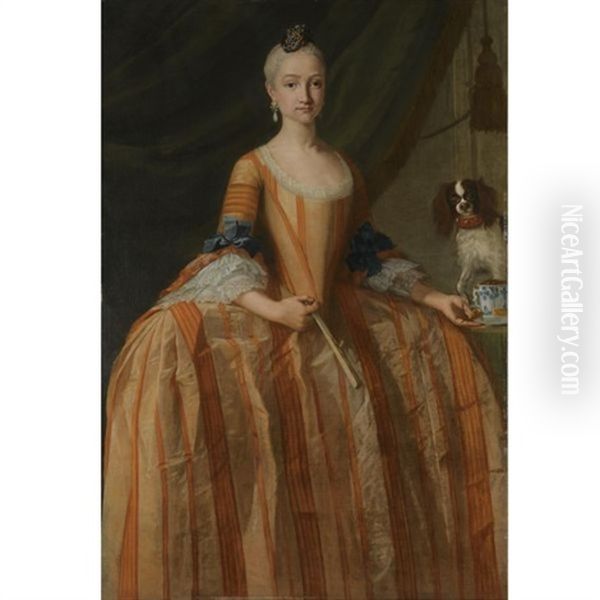 Portrait Of The Infanta Maria Josefa De Borbon, Full Length, With A Cup Of Chocolate And A Dog Oil Painting by Giuseppe Bonito