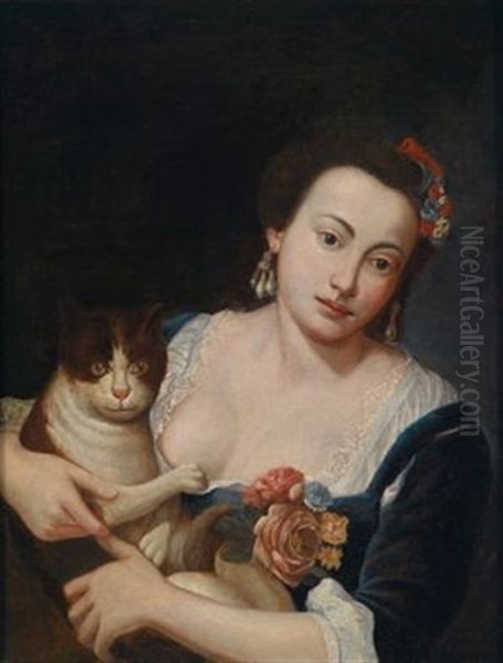 Eine Junge Dame Mit Ihrer Katze Spielend Oil Painting by Giuseppe Bonito