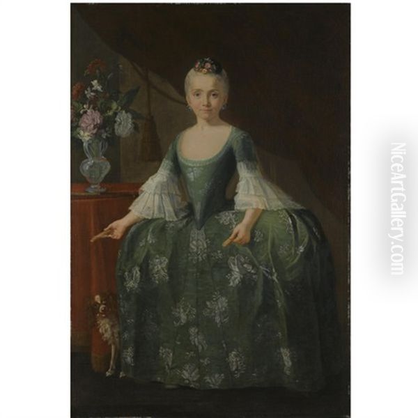 Portrait Of The Infanta Maria Luisa De Borbon, Full Length, Standing Beside A Vase Of Flowers Oil Painting by Giuseppe Bonito