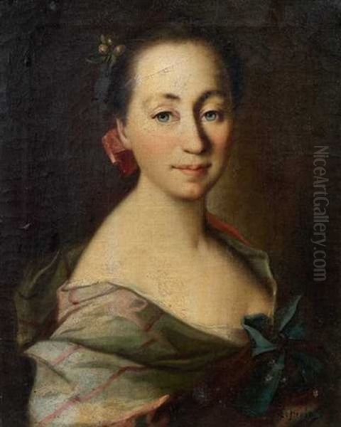 Portrait De Femme Aux Fleurs Et Au Noeud Rose Dans Les Cheveux, Avec Un Ruban Bleu Noue A Son Corsage Oil Painting by Giuseppe Bonito