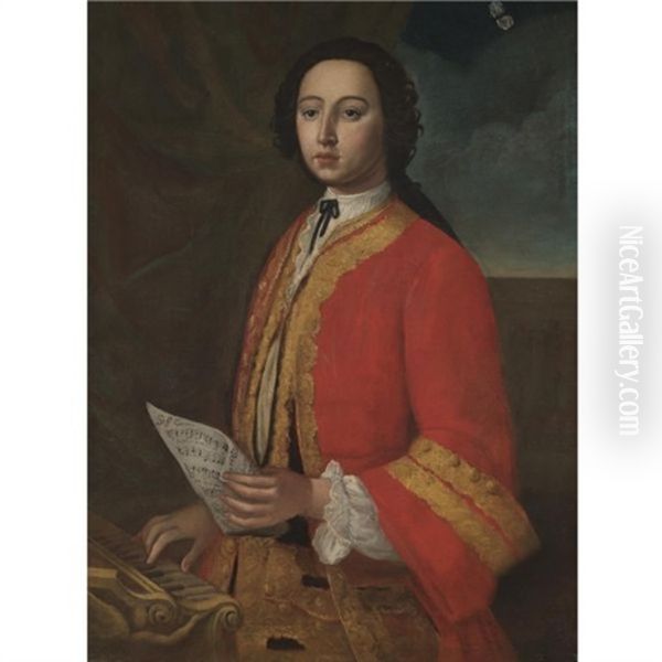 Portrait Of A Gentleman Holding A Sheet Of Music And Standing Before A Spinnet Oil Painting by Giuseppe Bonito