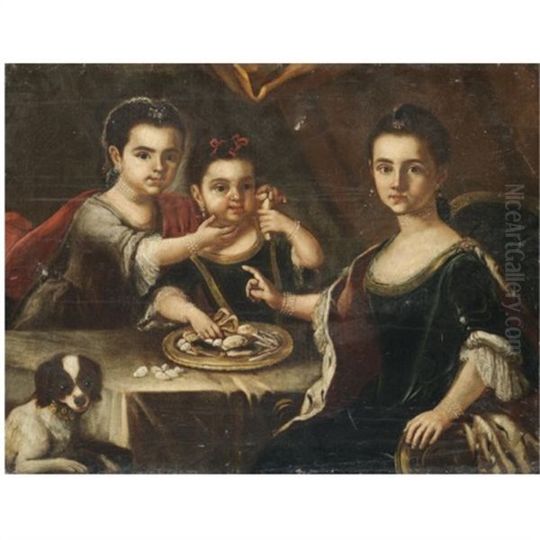 Portrait Of Three Elegantly Dressed Children Eating Sweetmeats At A Table With A Dog Oil Painting by Giuseppe Bonito