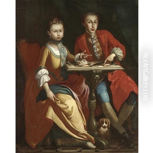 Portrait Of A Pair Of Noble Children, Full Length, Seated At A Table Playing Draughts, A Small Dog Seated Below Oil Painting by Giuseppe Bonito