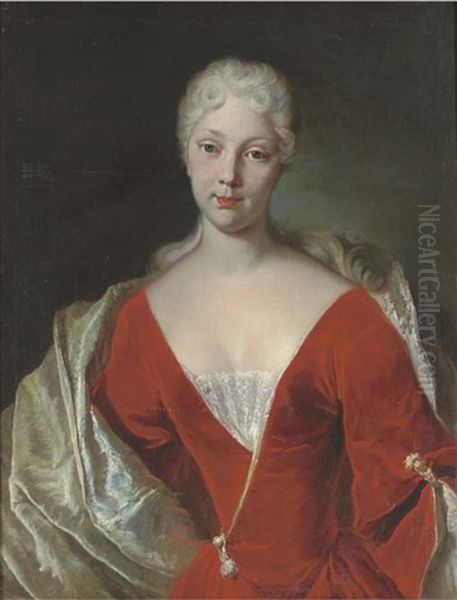 Portrait Of A Lady, Half-length, In A Red Velvet Dress Oil Painting by Giuseppe Bonito