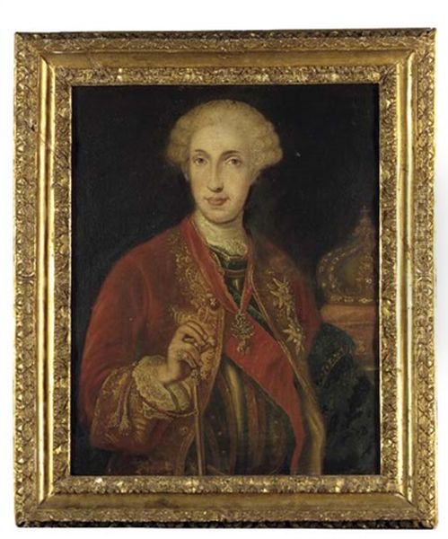 Portrait Of King Carlo Vii Of Naples, Subsequently King Carlos Iii Of Spain, In A Red Coat With Gold Trimmings Over A Breastplate, Wearing The Order Of The Golden Fleece, His Crown Beside Him Oil Painting by Giuseppe Bonito