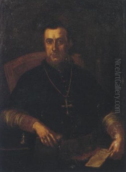 Ritratto Di Andrea Cardamone, Arcivescovo Di Rossano Calabro, Su Una Sedia, Con Un Breviario Nella Mano Destra E Una Lettera A Sinistra Oil Painting by Giuseppe Bonito