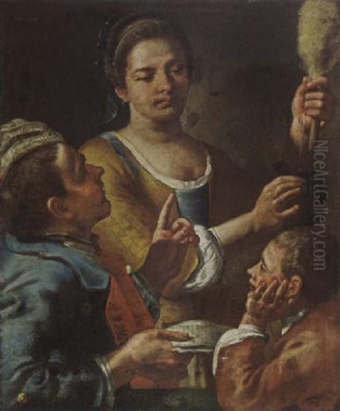 A Woman Holding A Spindle, Together With Two Boys Oil Painting by Giuseppe Bonito