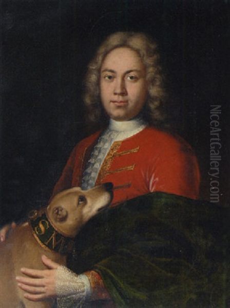 Portrait Of A Gentleman In An Embroidered Red Jacket, Holding A Dog Oil Painting by Giuseppe Bonito