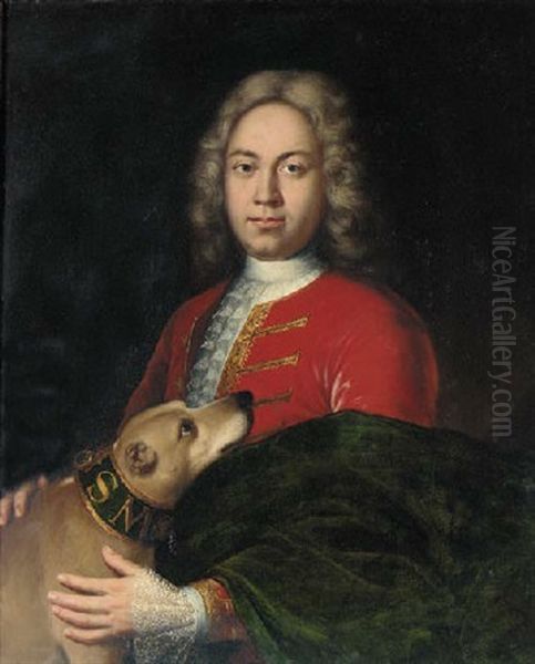 Portrait Of A Gentleman In An Embroidered Red Jacket, Holding A Dog Oil Painting by Giuseppe Bonito