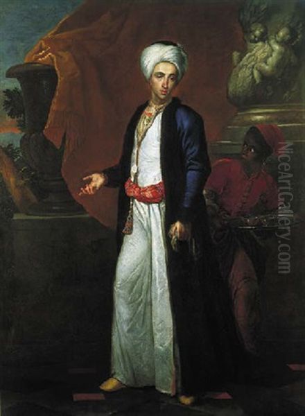 Portrait Of A Gentleman In Ottoman Robes, A Page Behind Him, On A Terrace Before A Solomonic Column Oil Painting by Giuseppe Bonito