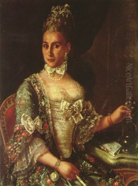 Portrait Of A Lady Seated In An Interior Wearing A Blue Silk Dress With Lace, Decoration In Her Hair, Holding Flowers In Her Left Hand Oil Painting by Giuseppe Bonito