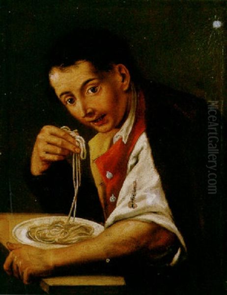 A Young Man Eating Spaghetti Oil Painting by Giuseppe Bonito